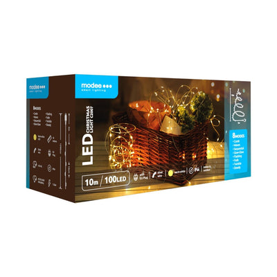 Modee LED Weihnachts-Lichterkette 100 LEDs 10m Kupferdraht Warmweiß 2550K IP44 mit Adapter
