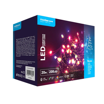 Modee LED Weihnachts-Lichterkette 200 mehrfarbige LEDs 20m mit Adapterstecker IP44 grünes Kabel 8 Modi