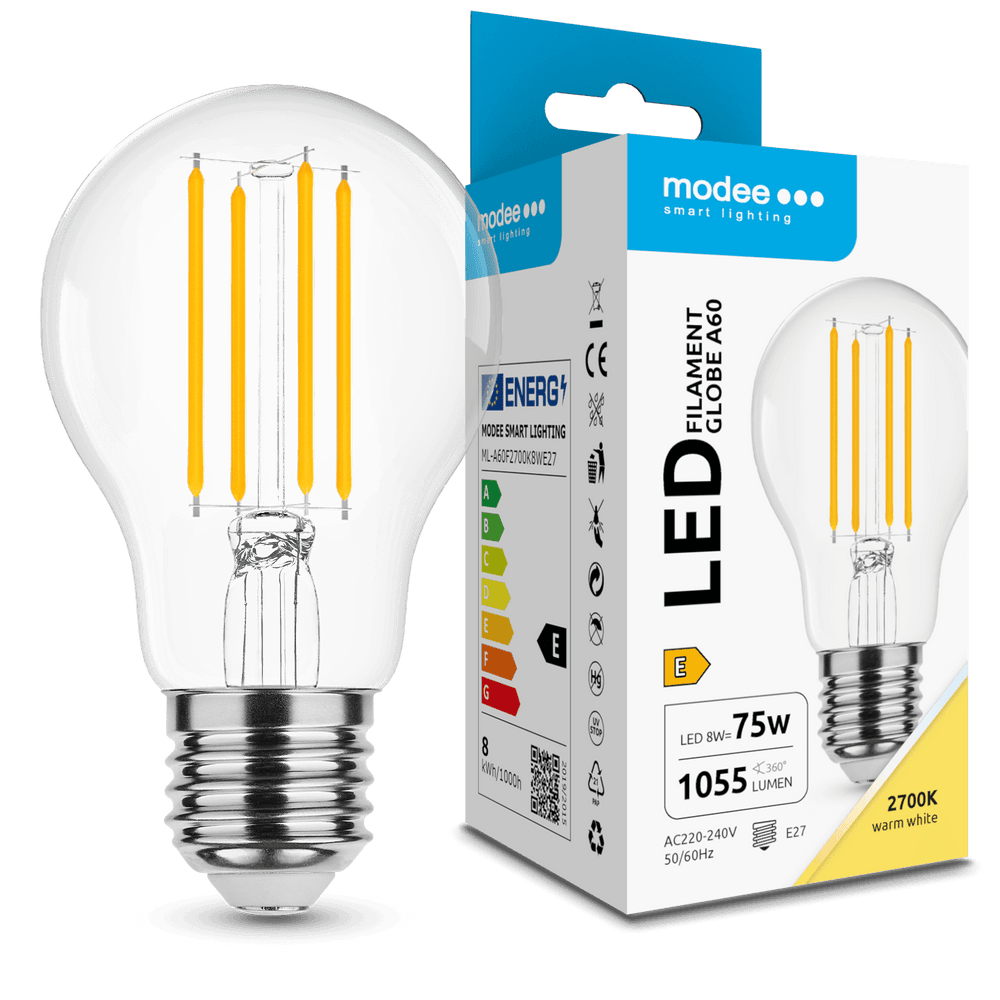 Modee LED Filament A60 Lampe 8W E27 2700K 1055 Lumen 360° Nicht dimmbar Glas Globe