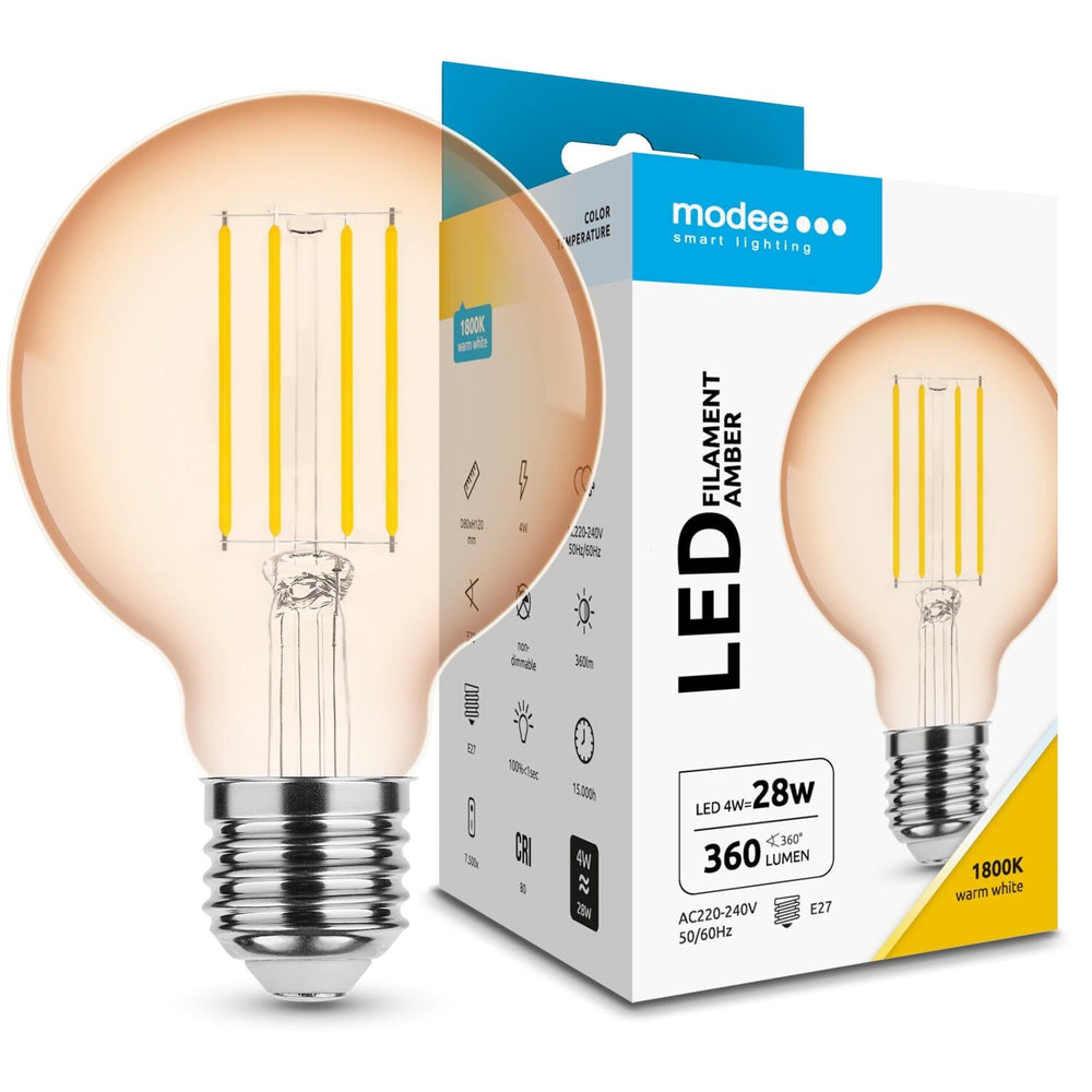 Modee LED Filament Amber Globe G80 4W E27 1800K 360 Lumen 320° Glühbirne aus Glas Nicht dimmbar
