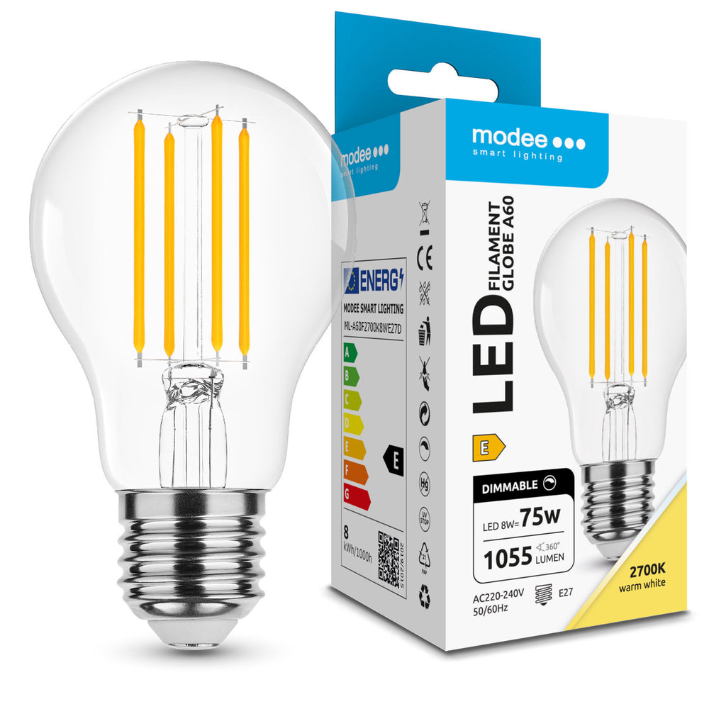 Modee LED Filament Lampe A60 8W E27 2700K 1055 Lumen Dimmbar Glas 360° Warmweiß