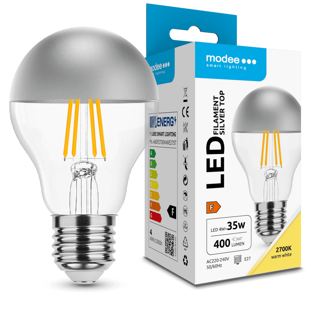 Modee LED Filament Lampe A60 E27 4W 2700K 400 Lumen 320° Silberkappe Glas Nicht dimmbar