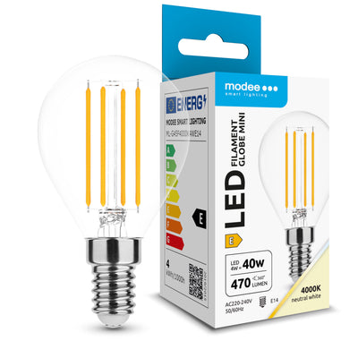 Modee LED Filament Lampe G45 Mini Globe 4W E14 4000K 470 Lumen 360° Glas Nicht dimmbar