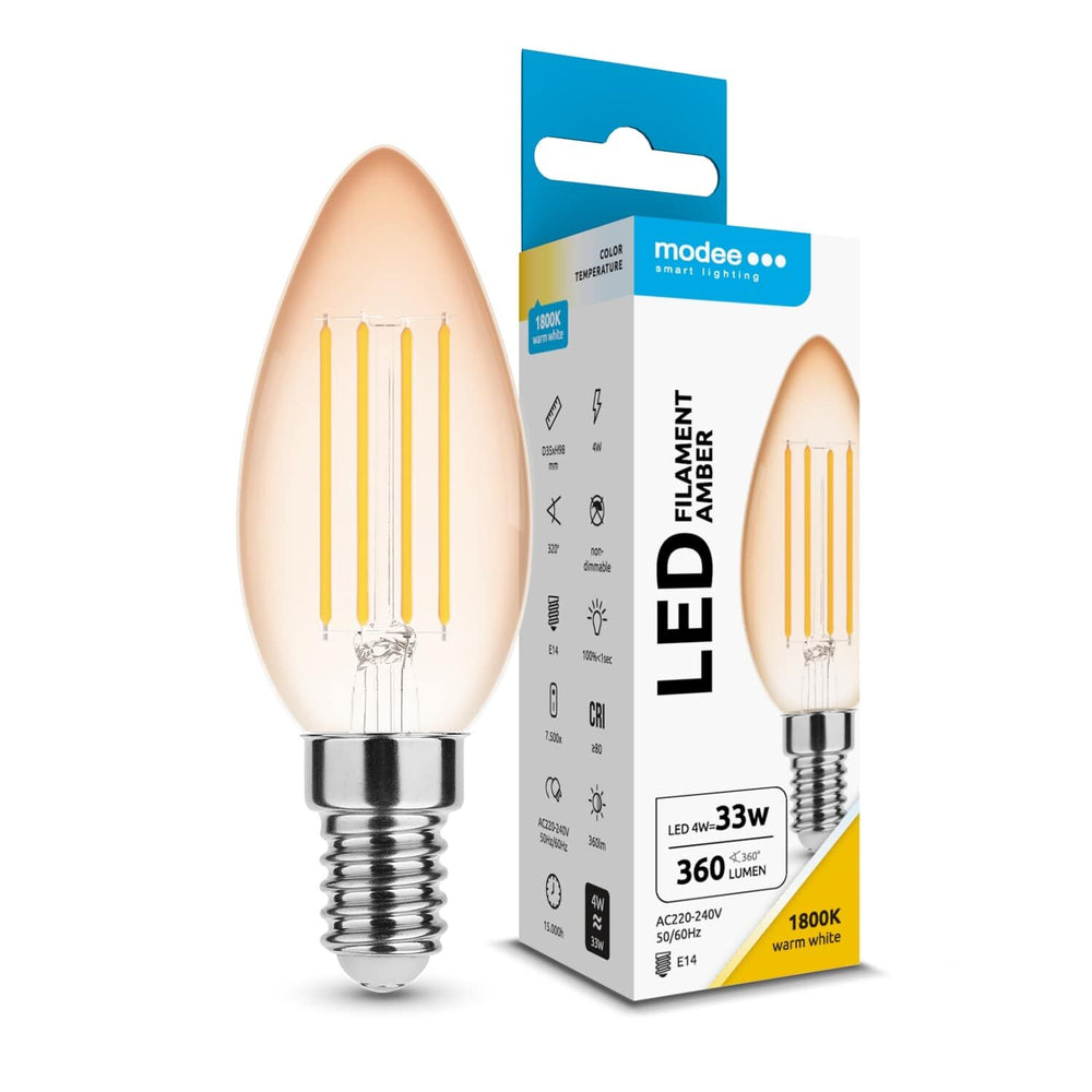 Modee LED Filament Kerze C35 4W E14 Amber 1800K 360 Lumen 320° Warmlichtlampe