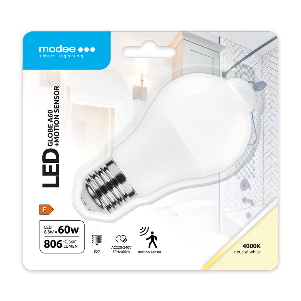 Modee LED Smart Globe A60 8.8W E27 4000K 806 lumens PIR Sensor bulb 200° beam IP20