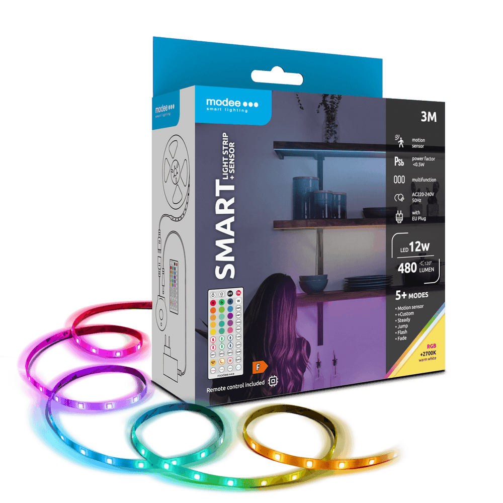 Modee LED Smart Strip 12W 3M IP20 mit Fernbedienung, Sensor, RGB + 2700K 480 Lumen für flexible Beleuchtung