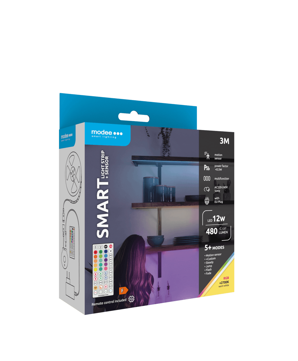 Modee LED Smart Strip 12W 3M IP20 mit Fernbedienung, Sensor, RGB + 2700K 480 Lumen für flexible Beleuchtung