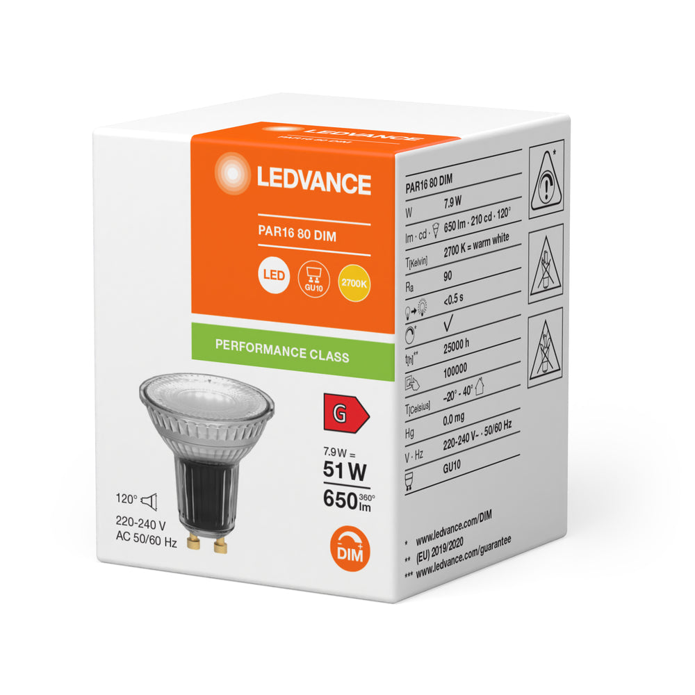 Performance LED Spot Reflektor GU10 PAR16 7.9W 2700K 650 Lumen 120° dimmbar hoher CRI ersetzt 51W