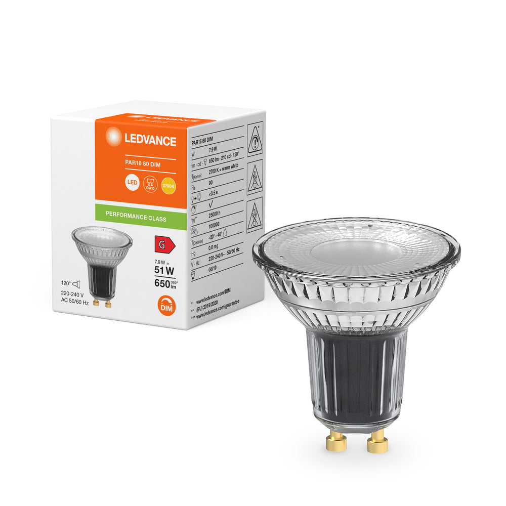 Performance LED Spot Reflektor GU10 PAR16 7.9W 2700K 650 Lumen 120° dimmbar hoher CRI ersetzt 51W