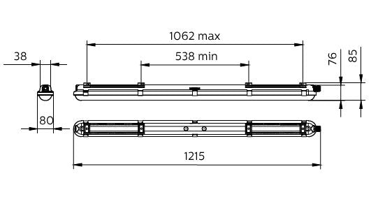Philips CoreLine WT120C G2 LED waterproof batten, 30W 4000K 4000 lumens, IP65 IK08, 1215mm Gray