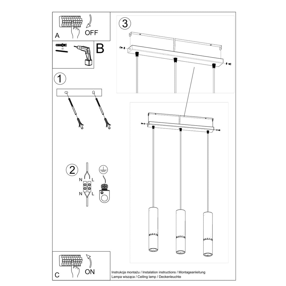 Led hanglamp zwart chrome loopez 3x gu10 fitting by sollux lighting