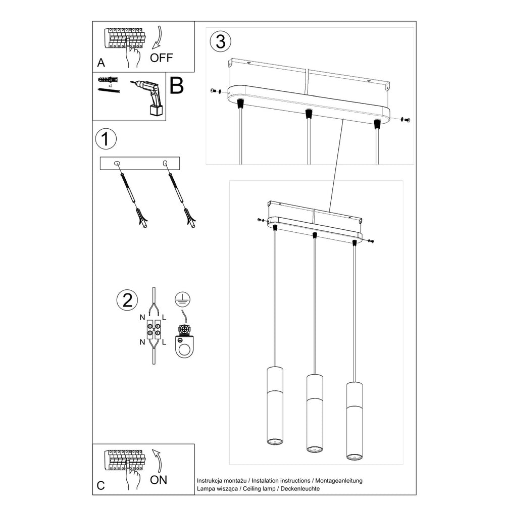 Sollux Lighting Pablo 3 Pendelleuchte schwarz 3 Leuchtmittel 900mm Höhe LED kompatibel