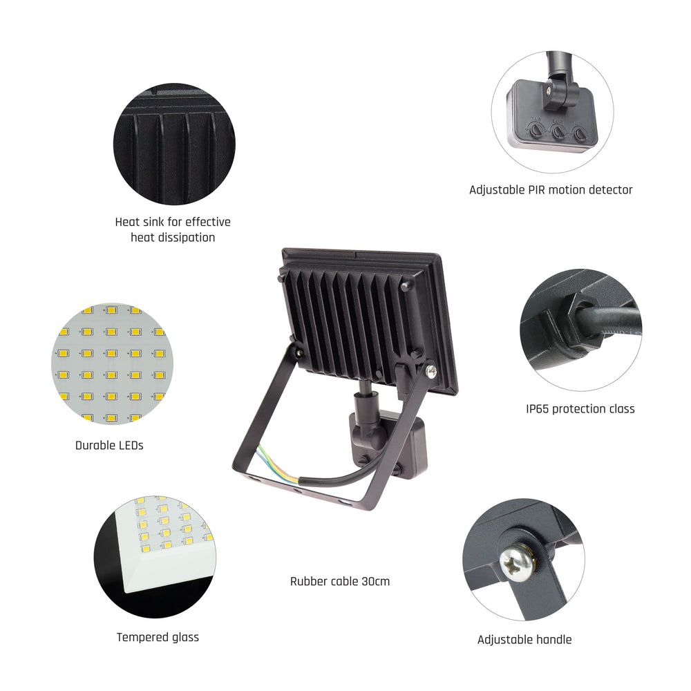 Spectrum NOCTIS LUX 3 LED Strahler 20W 6000K 2050 Lumen 230V IP44 IK07 Schwarz mit PIR Sensor