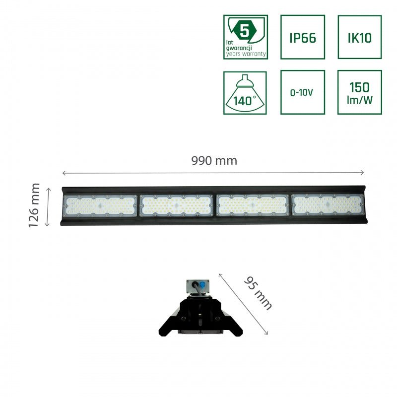 Spectrum Halls Line LED pendant lamp 200W black, 4000K, 30000 lumens, dimmable, IP66, 90° angle, industrial lighting