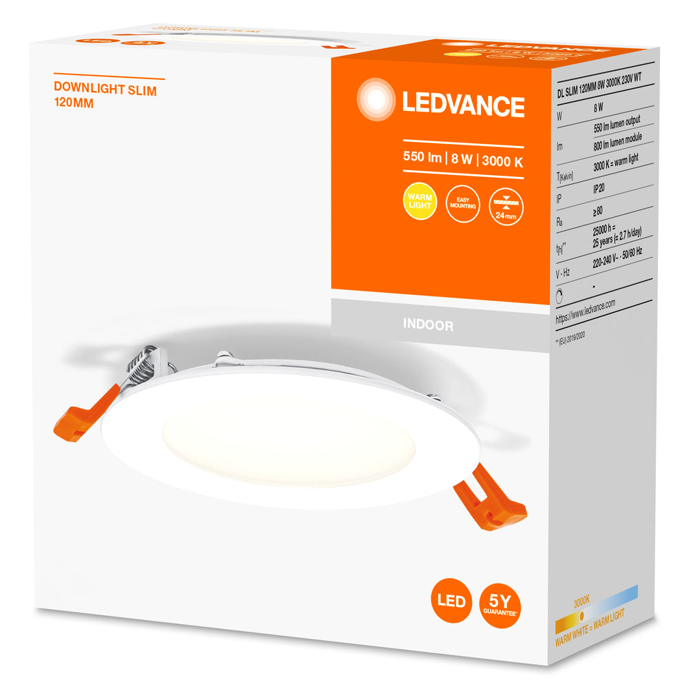 Slim LED Downlight 8W 550 lumens 3000K Warm White 110° Recessed Round Cut-Out 105mm White Finish