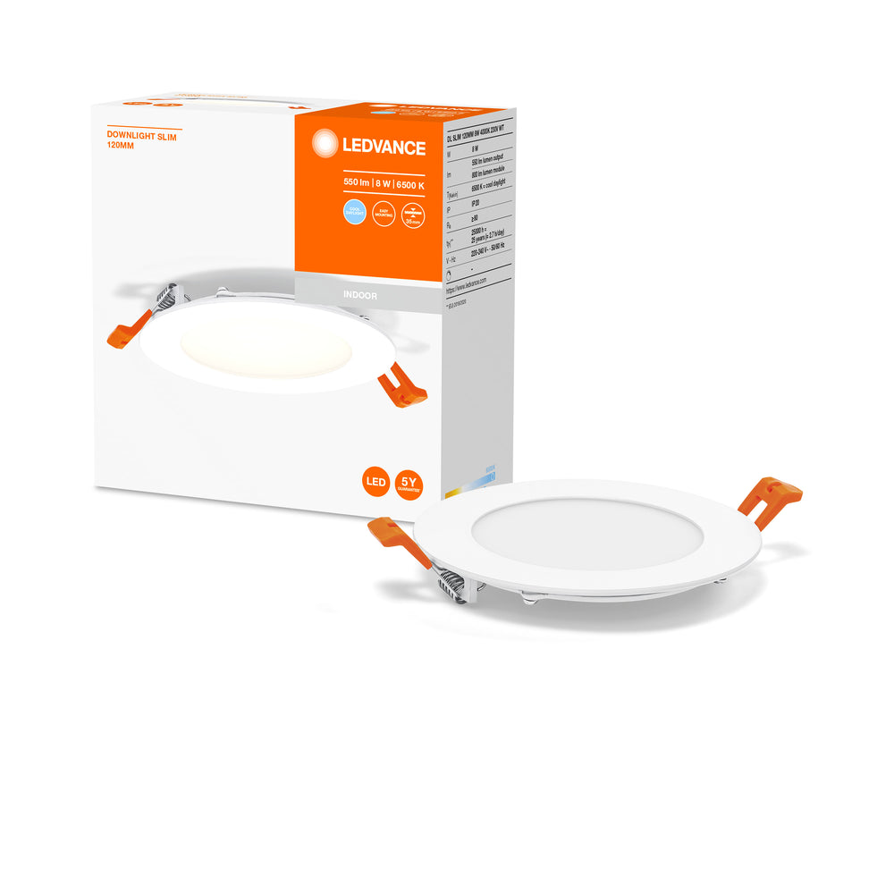 Slim LED Downlight Recessed White 8W 550 lumens 6500K 110° cutout 105mm 120mm bezel