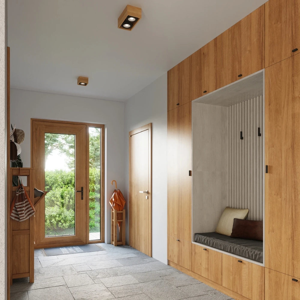 Sollux Lighting QUATRO 2 LED Deckenstrahler Naturholz, IP20, 220-240V, CRI 80, mattgoldenes Aluminium