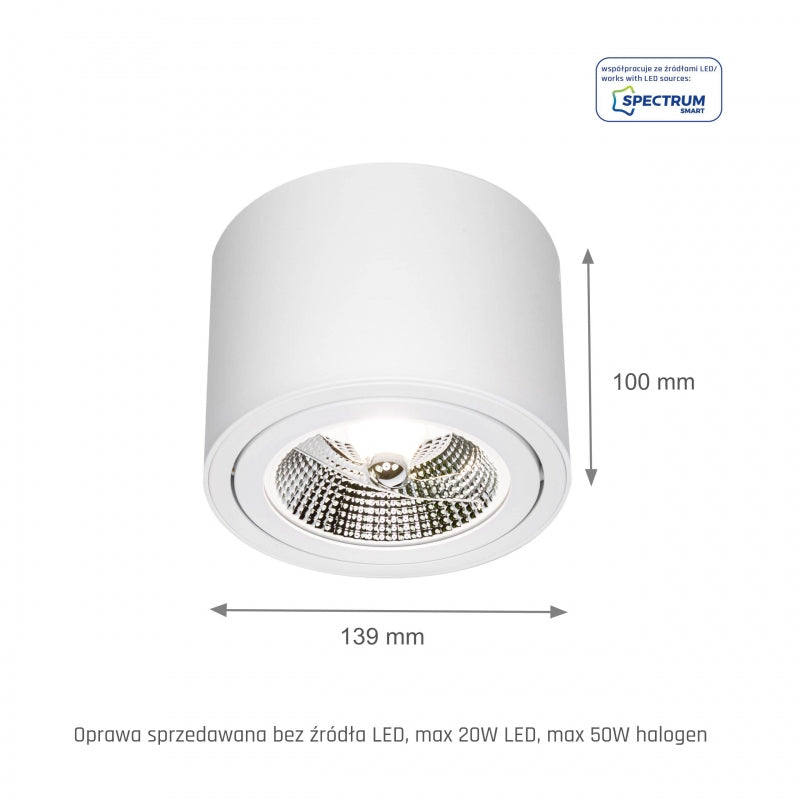 Spectrum CHLOE AR111 GU10 LED-Deckenleuchte, Verstellbar Runde Weiß, Aufbauleuchte, IP20 20W Max