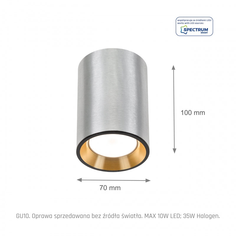 Spectrum CHLOE MINI GU10 Aufbau-Deckenleuchte, Silbernes Gehäuse mit goldenem Ring und schwarzer Kante, IP20