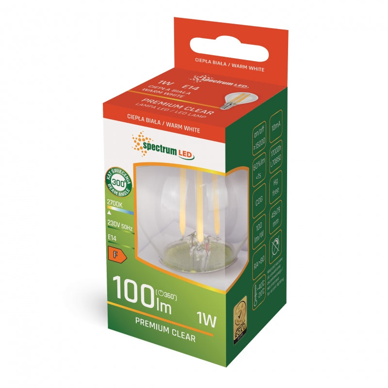 Spectrum LED Kugel G45 E14 1W 230V 2700K Warmweiß Klarglas Nicht Dimmbar Innenlampe