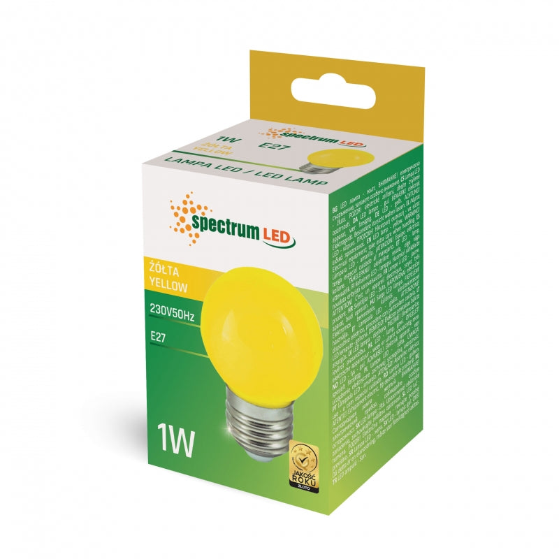Spectrum LED Ball G45 E27 230V 1W Yellow 270° Beam Non Dimmable Indoor Bulb