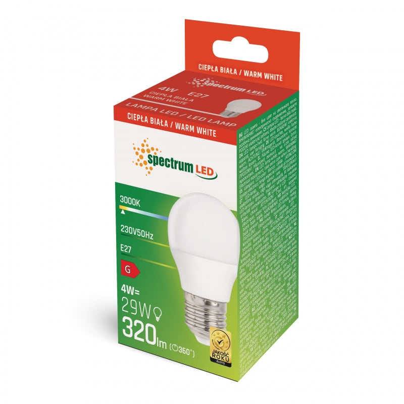 Spectrum LED Ball G45 E27 4W 230V 3000K Warm White 320 lumens 160° non dimmable indoor light bulb
