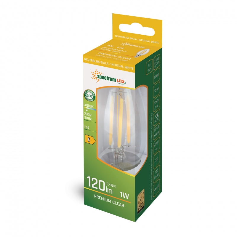 Spectrum LED Candle C35 E14 230V 1W COG 4000K Neutral White 120 lumens Non-Dimmable Clear Bulb