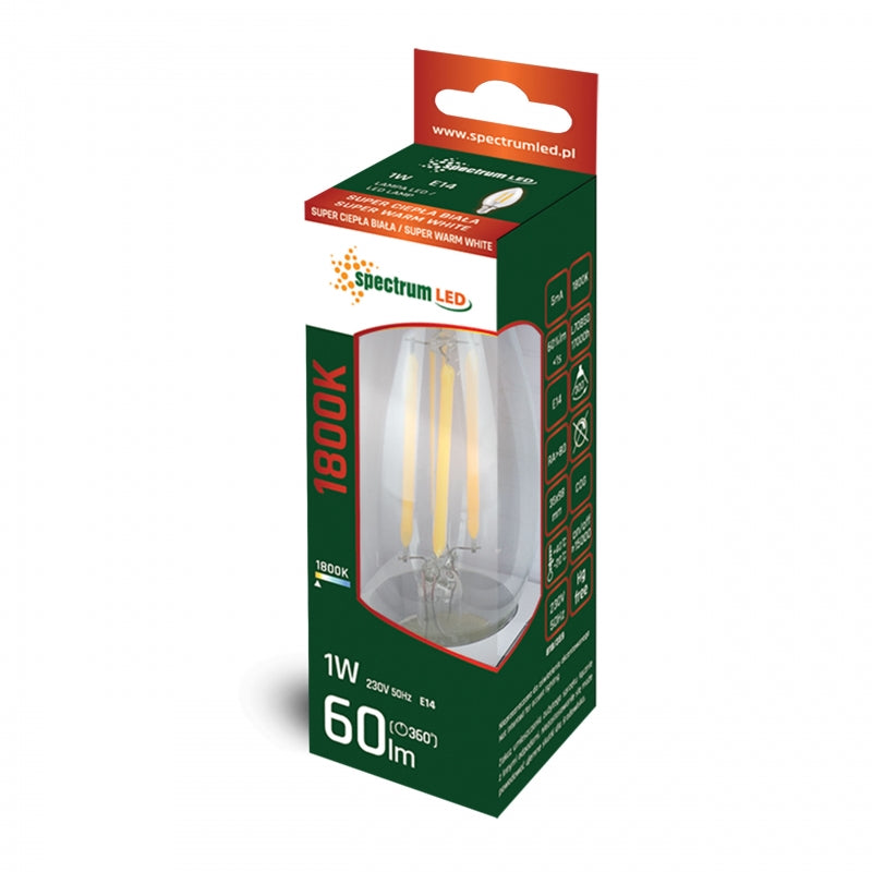 Spectrum LED candle E14 1W 230V 1800K clear 60 lumens 300° beam angle IP20 non dimmable