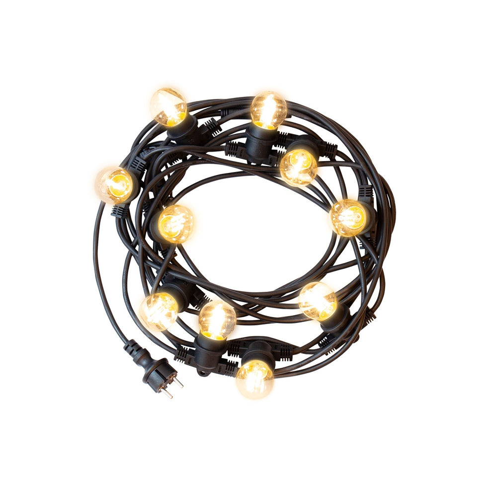 Spectrum LED festoon light chain 5m with 10x E27 sockets, 220-240V, IP20, 3000K, CE RoHS, 5 year warranty