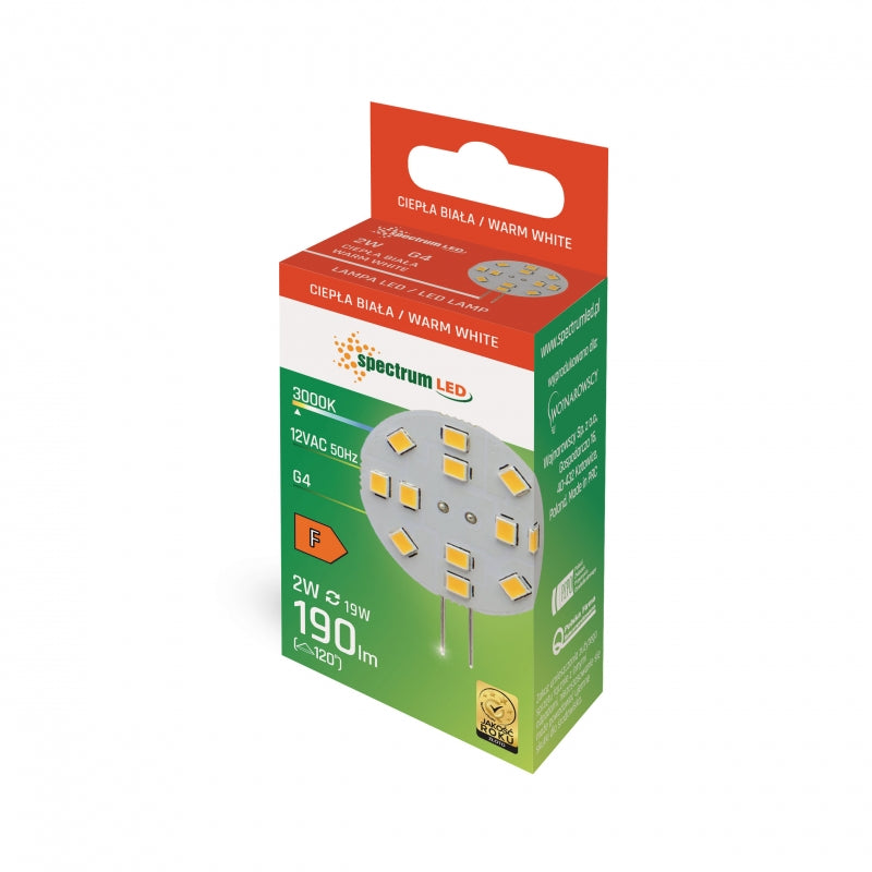 Spectrum LED G4 bulb 12V 2W 190 lumens Warm White 3000K 120° beam CRI 80 non-dimmable 30mm