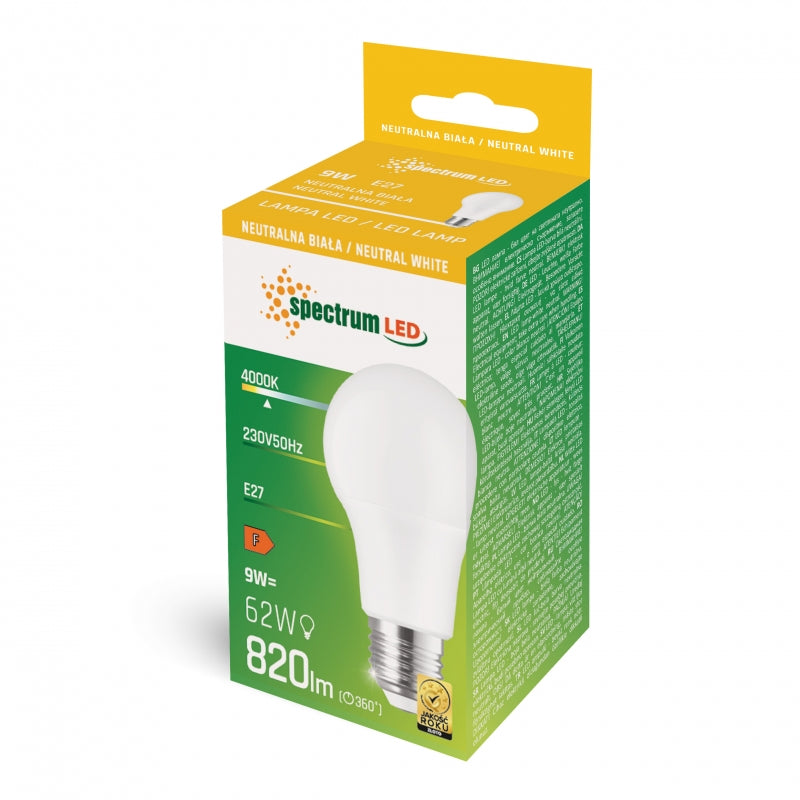 Spectrum LED GLS Lampe E27 230V 9W 4000K Neutralweiß 820 Lumen 270° Abstrahlwinkel Nicht dimmbar