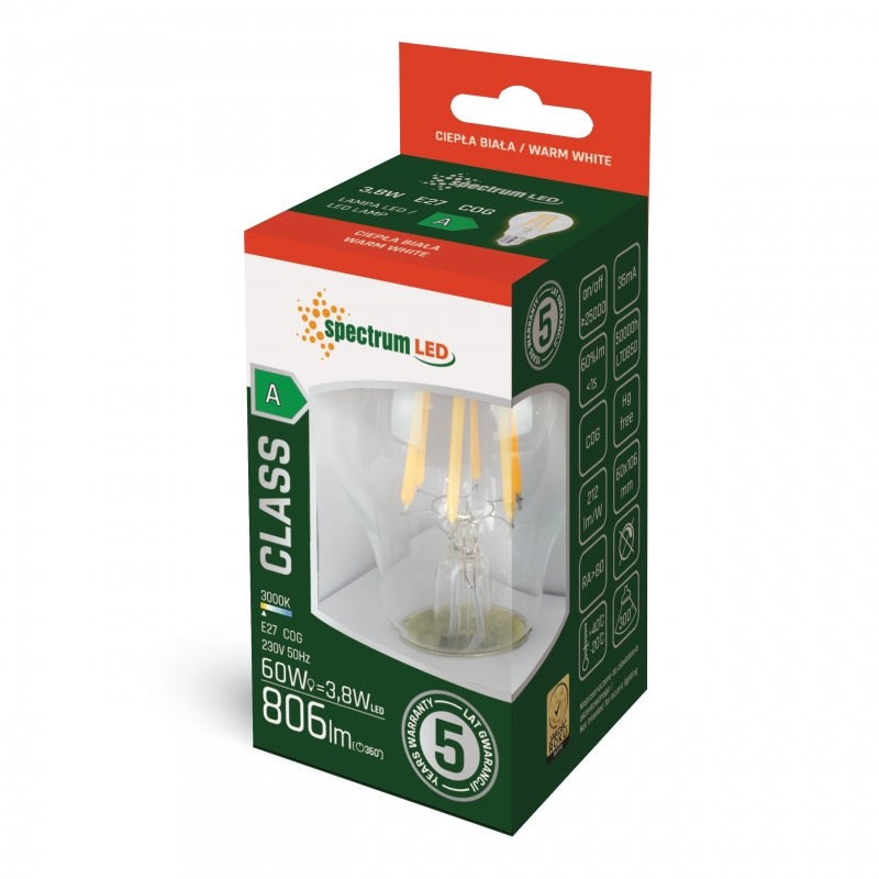 Spectrum LED GLS E27 Lampe 3.8W 3000K warmweiß 806 Lumen Klarglas A-Klasse COG-Filament 230V 5 Jahre Garantie