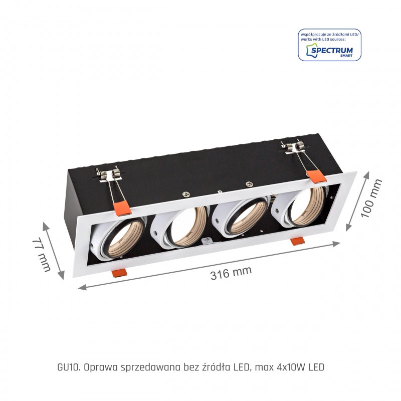 Spectrum Einbaurahmen LED GU10 x4, 4x10W, 250V, IP20, Weißes Aluminiumgehäuse für Innenbeleuchtung