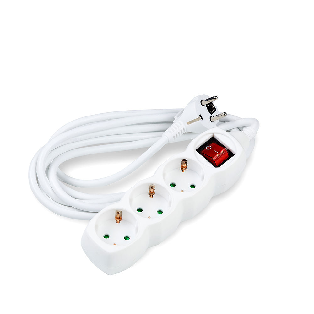 Technik 3-Way Extension Socket with 5m 1.5mm² Copper Cable, Switch, White, 16A 250V