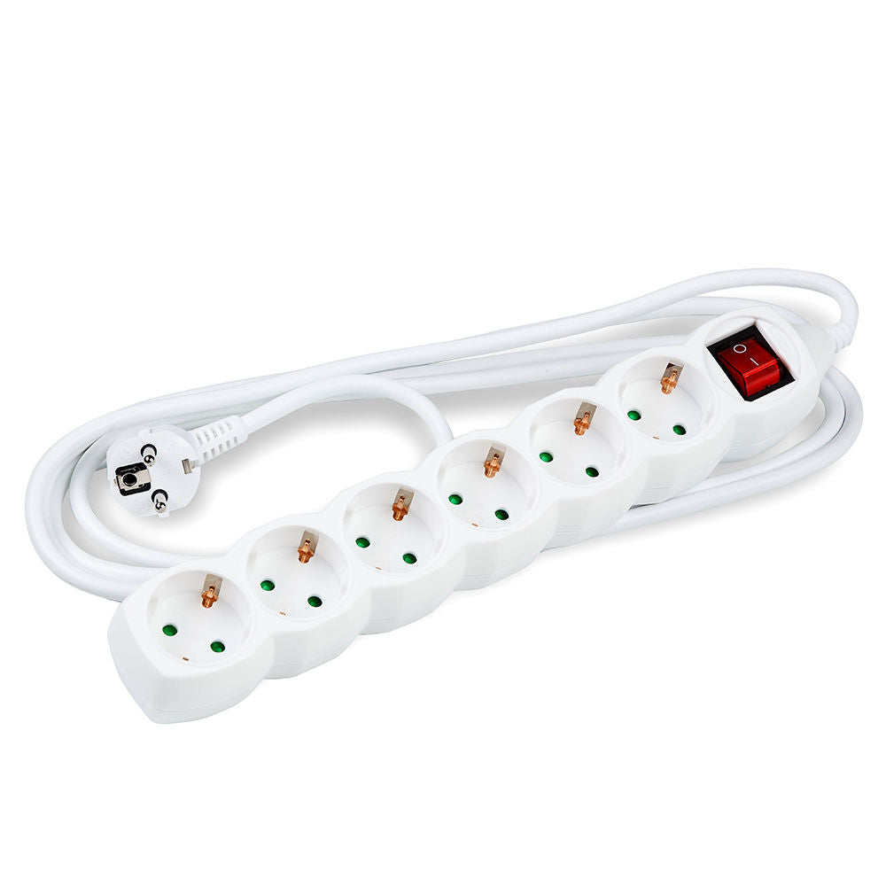 Technik 6-fach Steckdosenleiste, 3m 1.5mm² Kupferkabel, 16A, 250V, Weiß mit Schalter und Kinderschutz