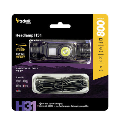 Technik Stirnlampe H31 mit Osram P9 LED, 800 Lumen, 5 Modi, USB-C wiederaufladbar, IPX4, Weiß