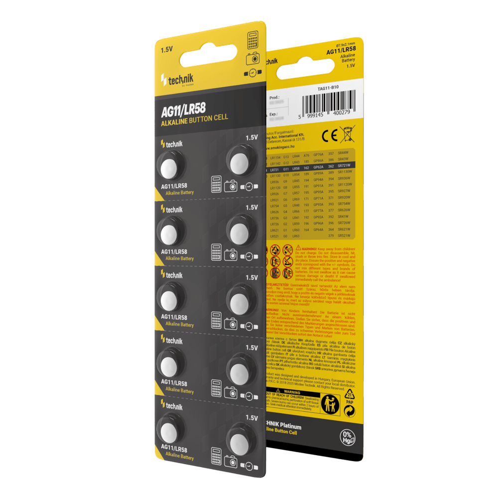 Technik Platinum AG11 LR58 362 1.5V alkaline button cell battery pack of 10 for watches and small electronics