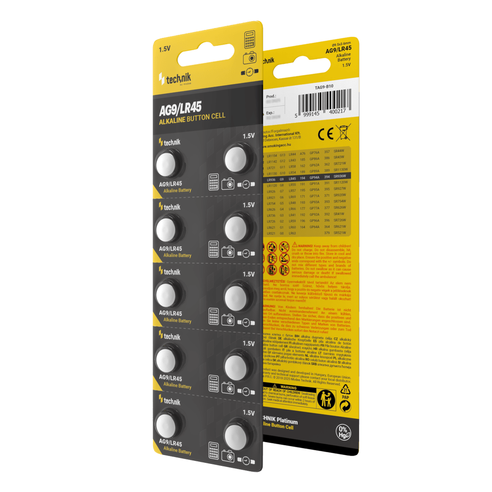 Technik Platinum Alkaline-Knopfzelle AG9 LR45 394 1.5V 40mAh Knopfzellen-Packung mit 10 Stück