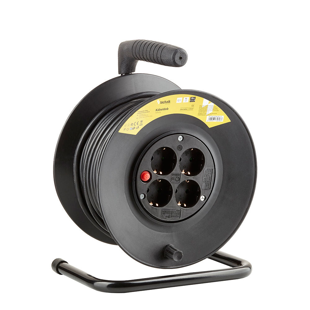 Technik Professional Cable Reel 25m 1.5mm² 16A with 4 EU Sockets and Switch Black