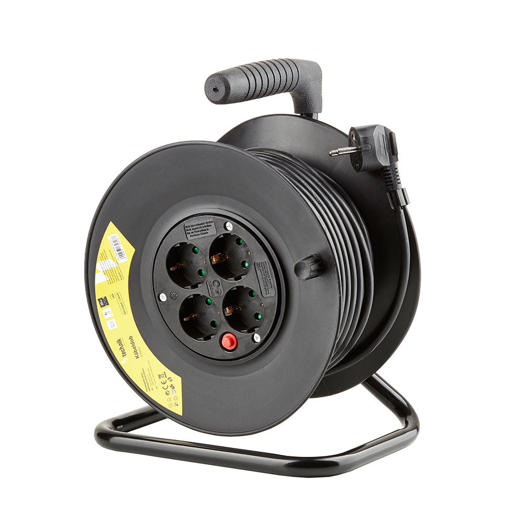 Technik Professional Kabeltrommel 25m 1.5mm² 16A mit 4 EU-Steckdosen und Schalter Schwarz