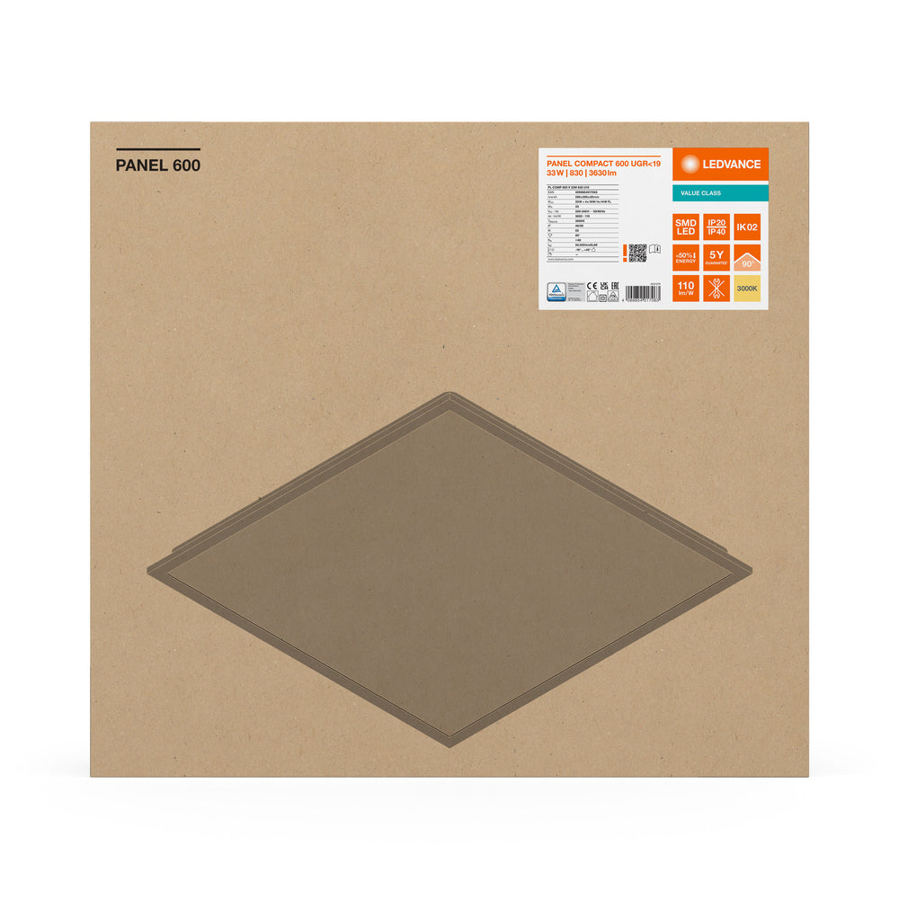 Ledvance LED Panel 60x60cm 33W 3630 lumens 3000K Warm White UGR<19 IP20 Aluminium White Ceiling Light CE RoHS