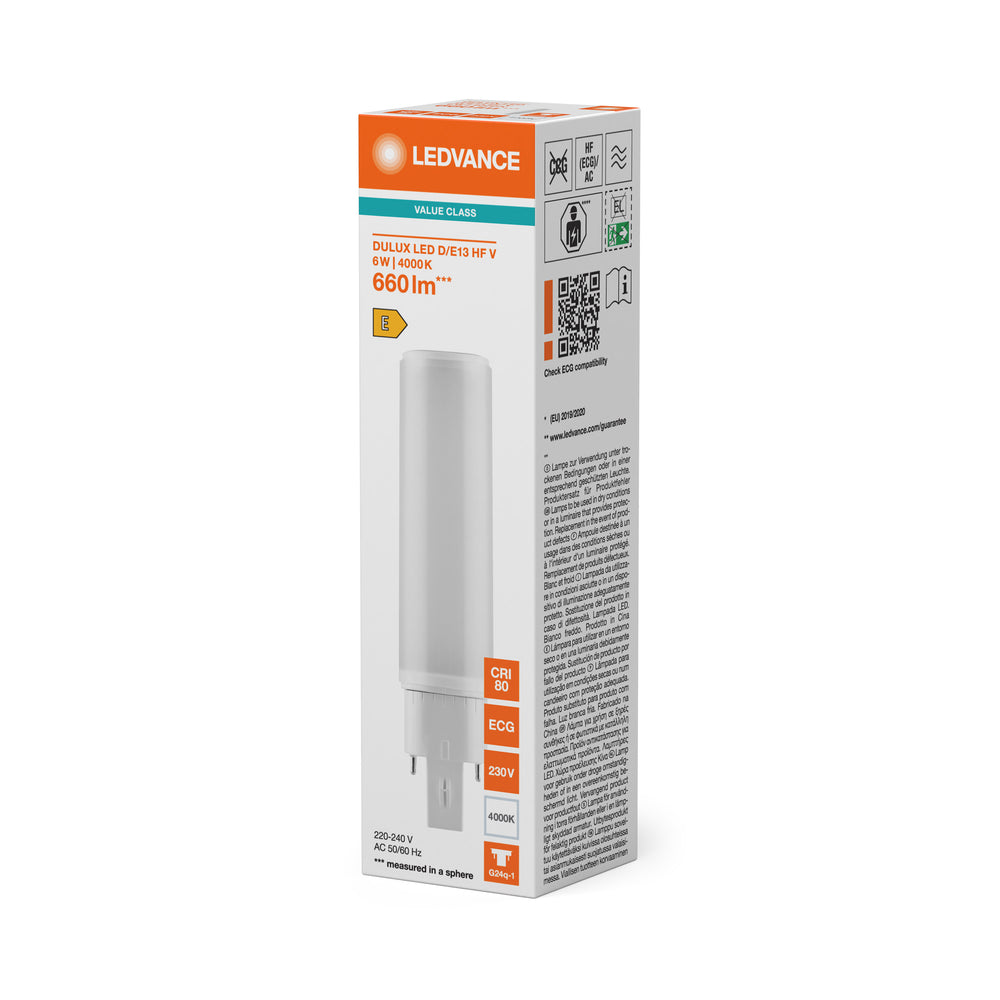 Ledvance LED PL-C G24q-1 4Pins Lamp, 10.5W 230V 1521 lumens 3000K, CRI 80, IP20, 120° Beam Angle, Philips Chip