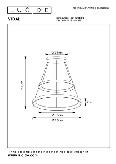 Lucide VIDAL LED dimmable pendant light 78 cm - modern black chandelier for home lighting