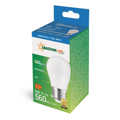 Spectrum LED Kugellampe G45 E27 230V 6W kaltweißes Licht 6000K 560 nützliche Lumen IP20 nicht dimmbar 17000h