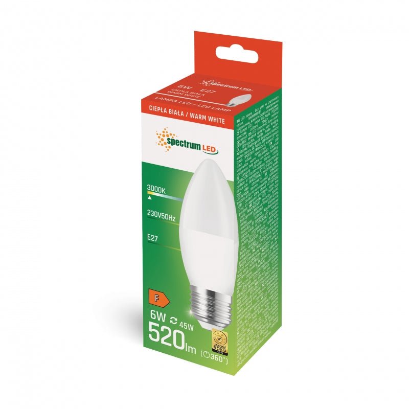 Spectrum LED Candle Lamp C37 E27 Warm White 3000K 6W 520 Lumen 160° - Perfect Atmosphere at Home