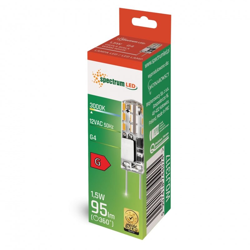 Spectrum LED G4 12V 1.5W silicon warm white 3000K, 270° angle, 95 lumens, CRI 80, long lifespan, non-dimmable