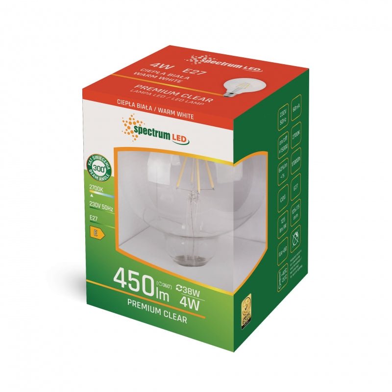 Spectrum LED bulb G95 4W 2700K E27 with 450 lumens and 300° beam angle for warm white light
