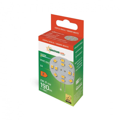 Spectrum LED G4 12V 2W warm white 3000K with 190 lumens and 120° beam angle - ideal interior lighting