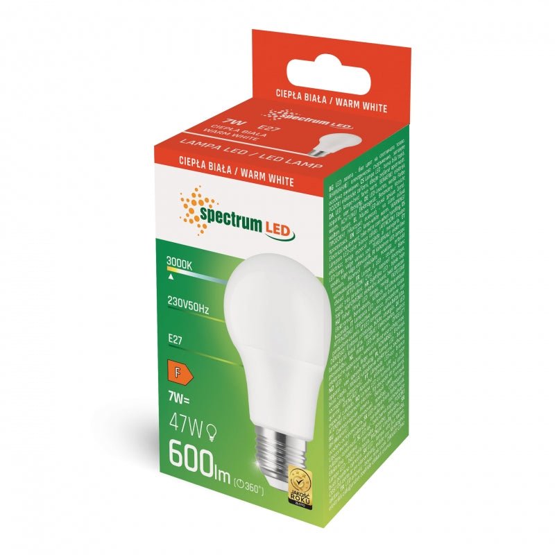 Spectrum LED GLS A60 E27 7W 3000K 600 lumen warm light for indoor use 270 degree angle