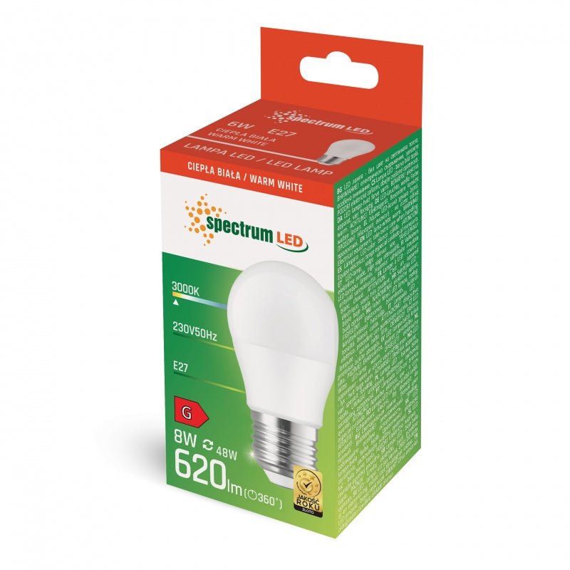 Spectrum LED-Lampe G45 E-27 230V 8W 710 Lumen 3000K warmweißes Licht 160° Abstrahlwinkel 17000h